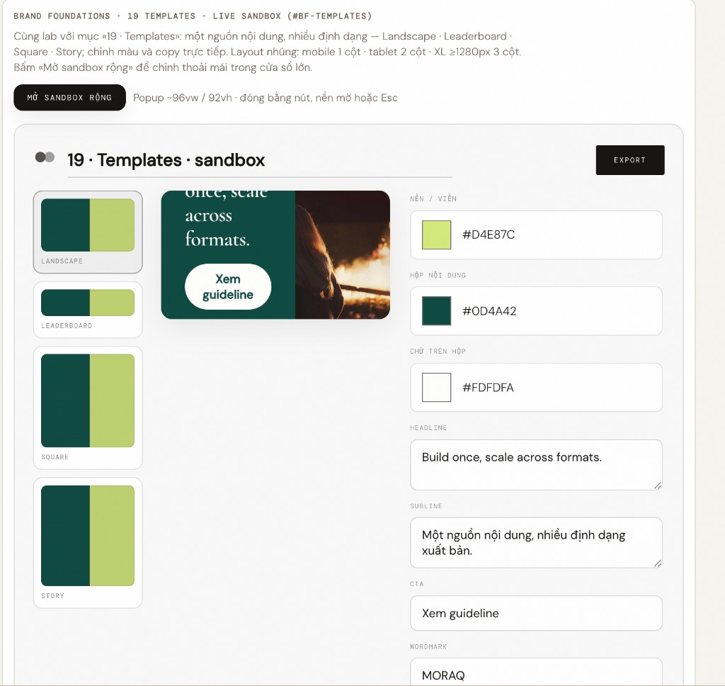 Minh họa sandbox: rail định dạng, preview và inspector — mở rộng để chỉnh trực tiếp